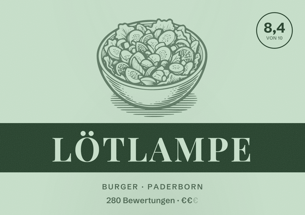 Illustriertes Poster von Lötlampe, Burger in Paderborn: Bewertung 8,4 von 10 aus 280 Bewertungen, Preisniveau €€