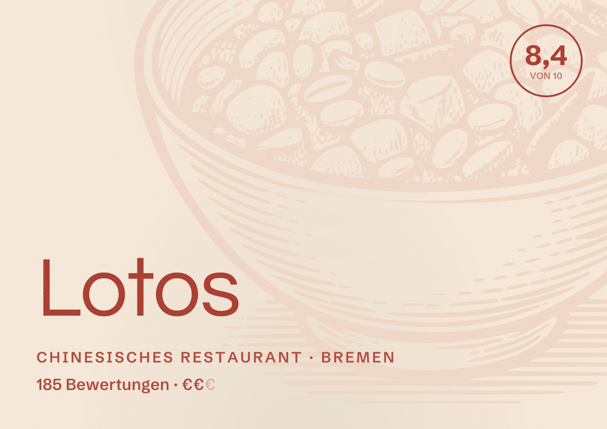 Illustriertes Poster von Lotos, Chinesisches Restaurant in Bremen: Bewertung 8,4 von 10 aus 185 Bewertungen, Preisniveau €€