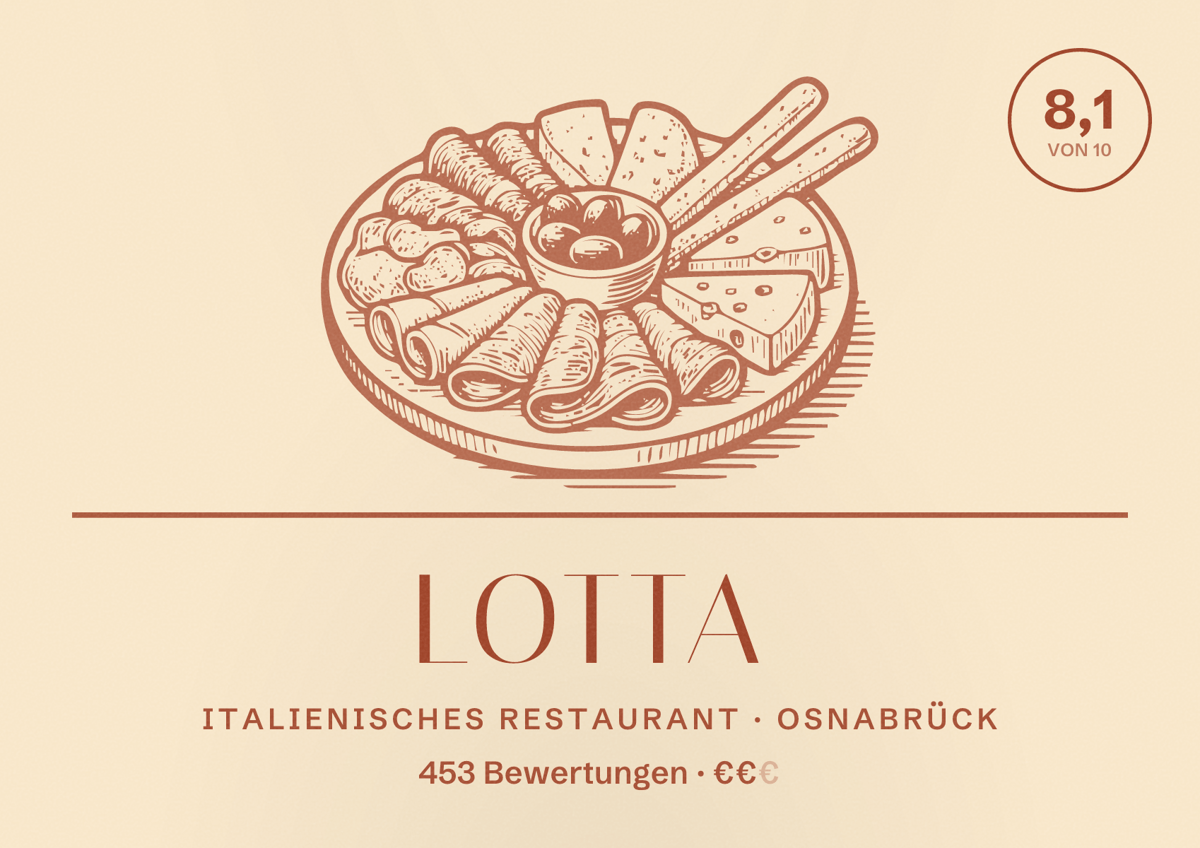Illustriertes Poster von LOTTA, Italienisches Restaurant in Osnabrück: Bewertung 8,1 von 10 aus 453 Bewertungen, Preisniveau €€