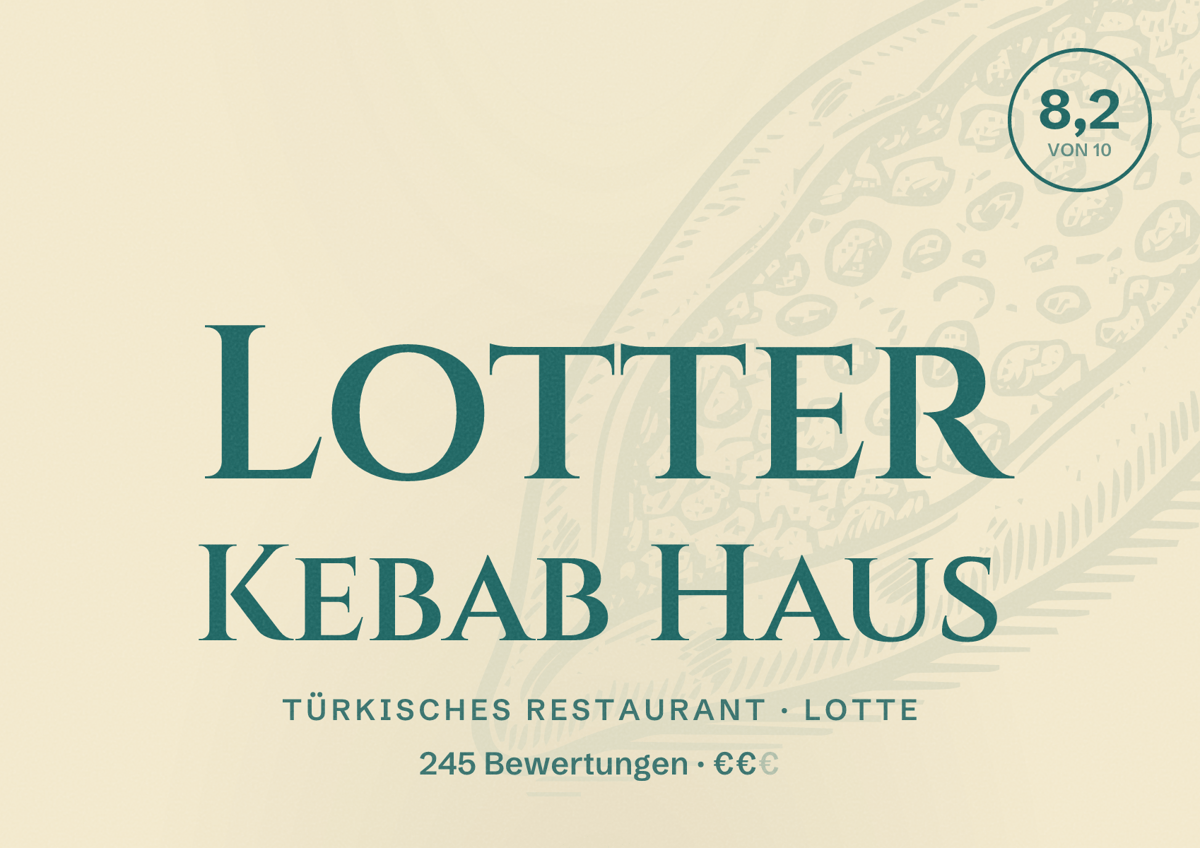 Illustriertes Poster von Lotter Kebab Haus, Türkisches Restaurant in Lotte: Bewertung 8,2 von 10 aus 245 Bewertungen, Preisniveau €€