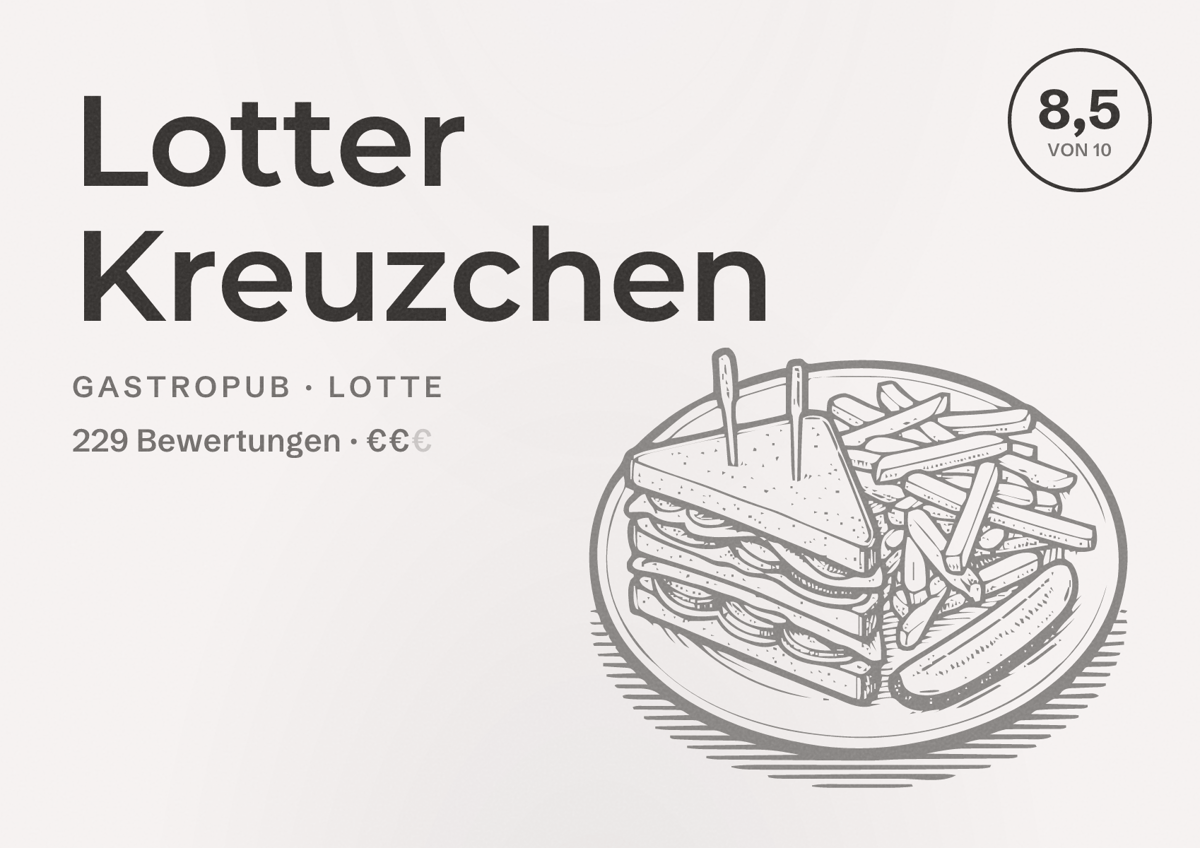 Illustriertes Poster von Lotter Kreuzchen, Gastropub in Lotte: Bewertung 8,5 von 10 aus 229 Bewertungen, Preisniveau €€