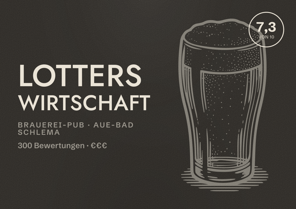 Illustriertes Poster von Lotters Wirtschaft, Brauerei-Pub in Aue-Bad Schlema: Bewertung 7,3 von 10 aus 300 Bewertungen, Preisniveau €€€