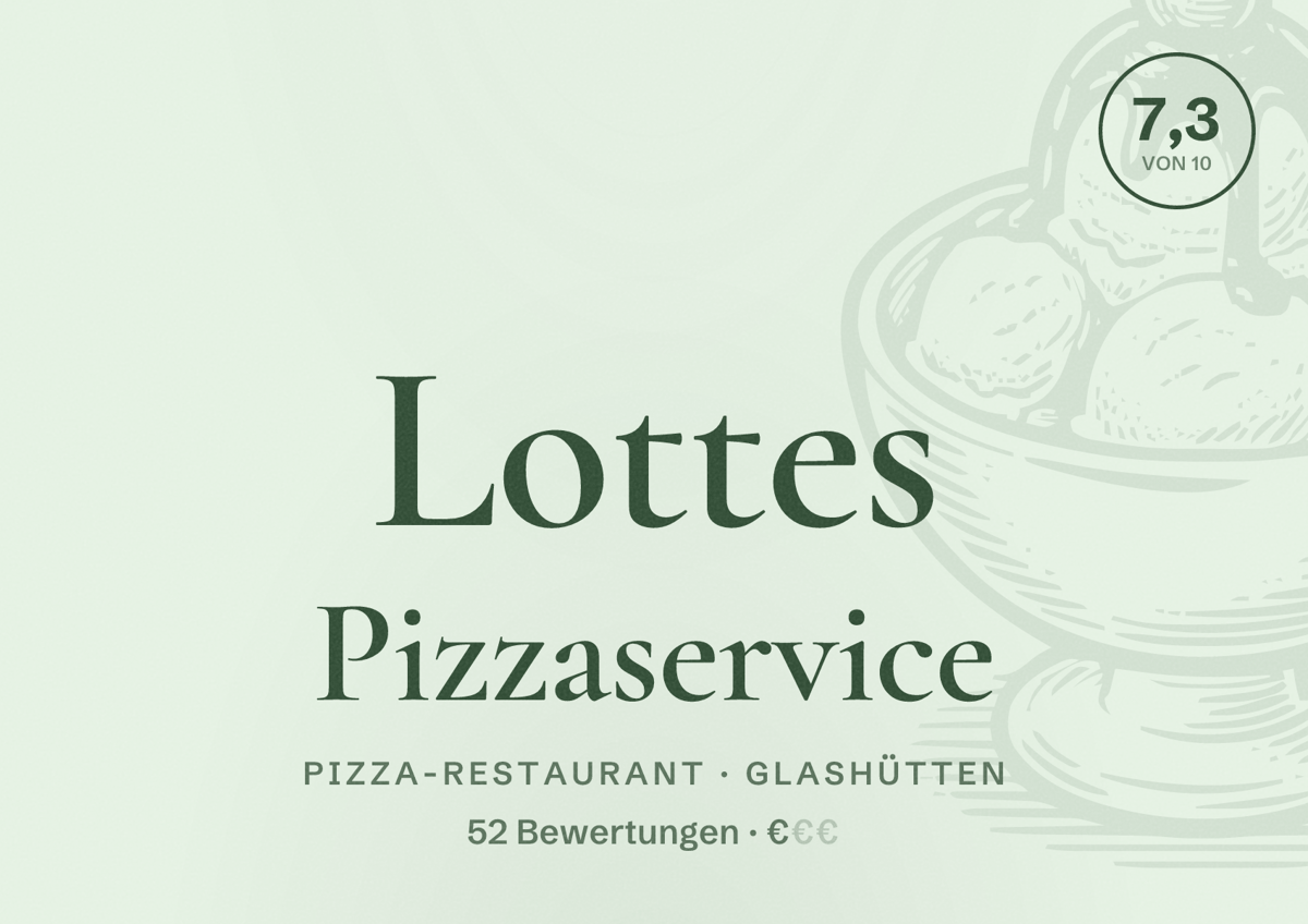 Illustriertes Poster von Lottes Pizzaservice, Pizza-Restaurant in Glashütten: Bewertung 7,3 von 10 aus 52 Bewertungen, Preisniveau €