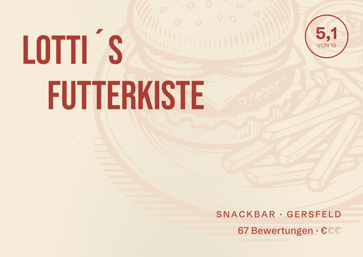 Illustriertes Poster von Lotti´s Futterkiste, Snackbar in Gersfeld: Bewertung 5,1 von 10 aus 67 Bewertungen, Preisniveau €