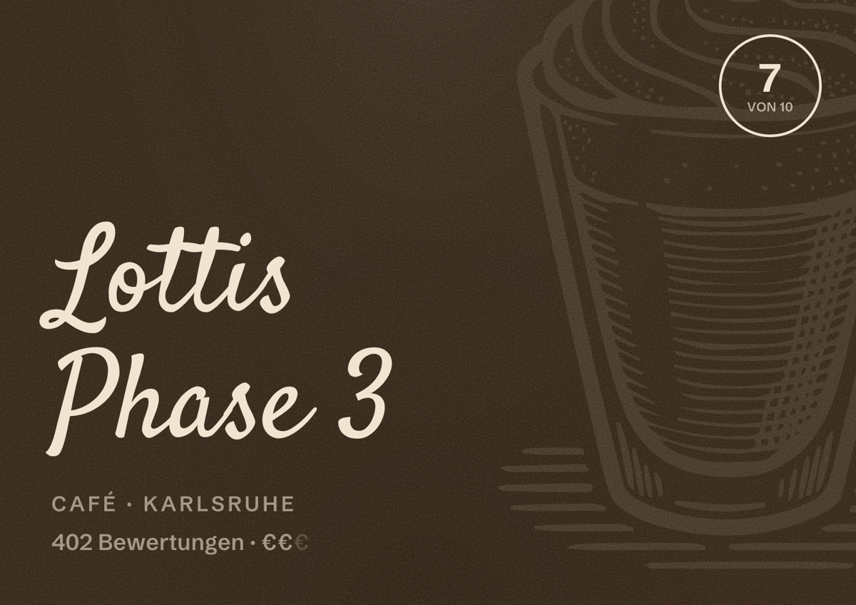 Illustriertes Poster von Lottis Phase 3, Café in Karlsruhe: Bewertung 7 von 10 aus 402 Bewertungen, Preisniveau €€