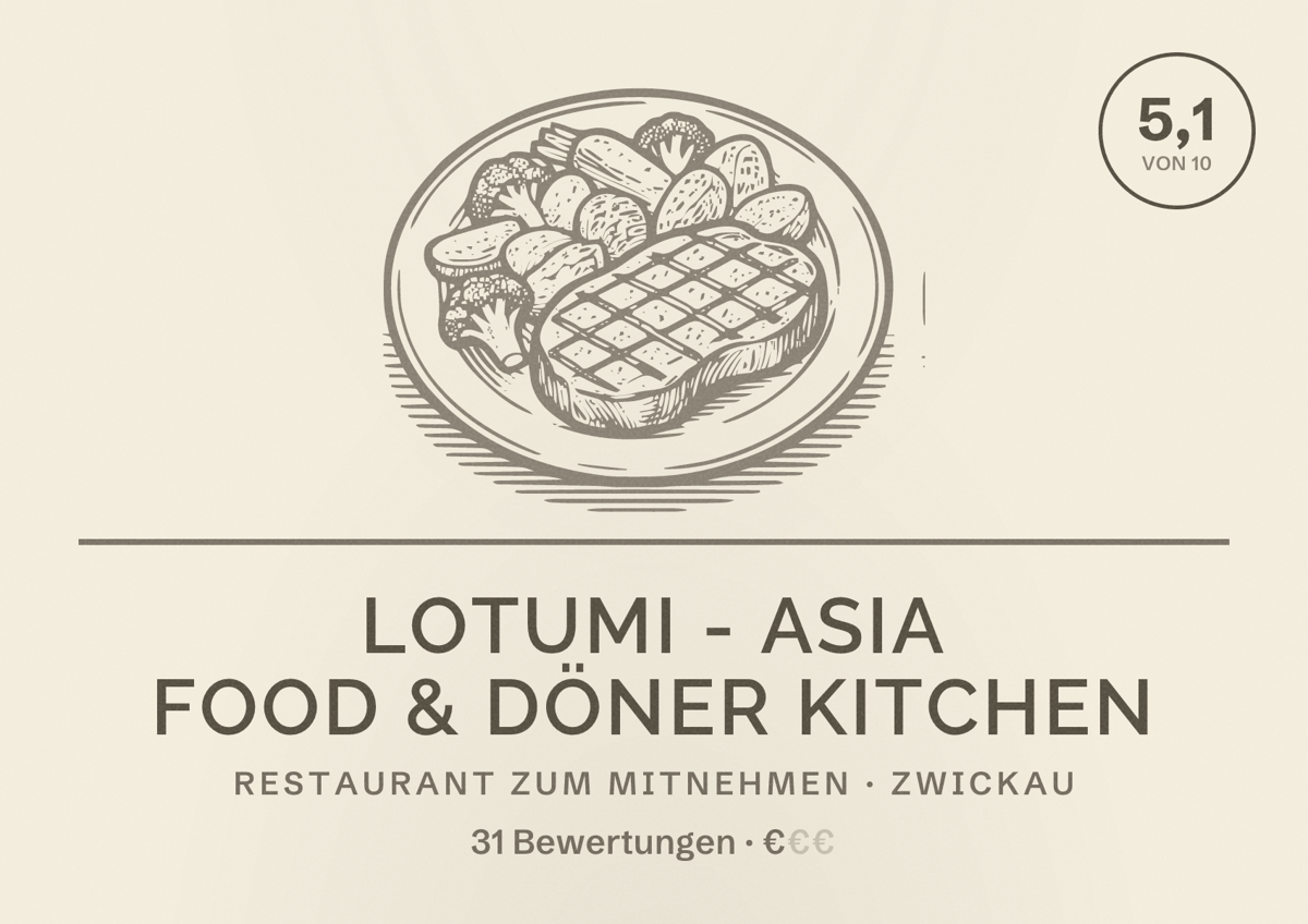 Illustriertes Poster von Lotumi - Asia Food & Döner Kitchen, Restaurant zum Mitnehmen in Zwickau: Bewertung 5,1 von 10 aus 31 Bewertungen, Preisniveau €