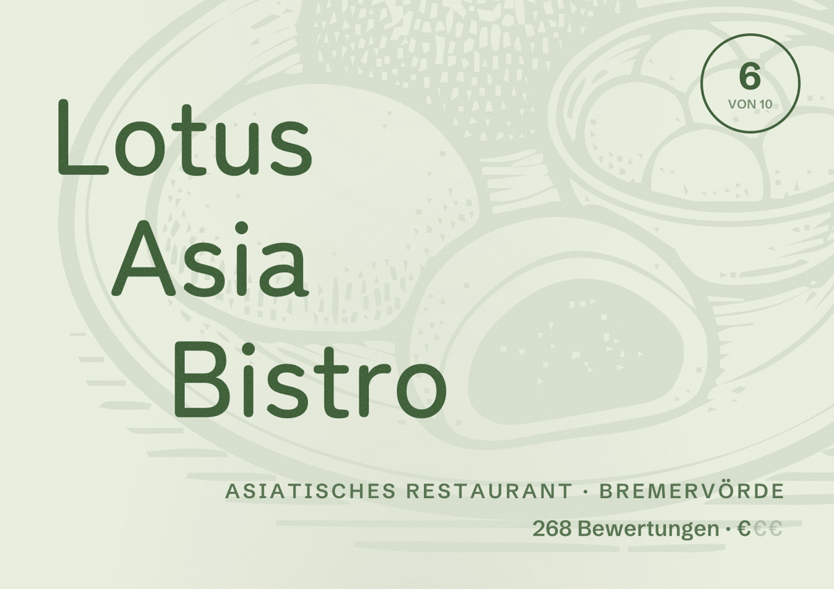 Illustriertes Poster von Lotus Asia Bistro, Asiatisches Restaurant in Bremervörde: Bewertung 6 von 10 aus 268 Bewertungen, Preisniveau €