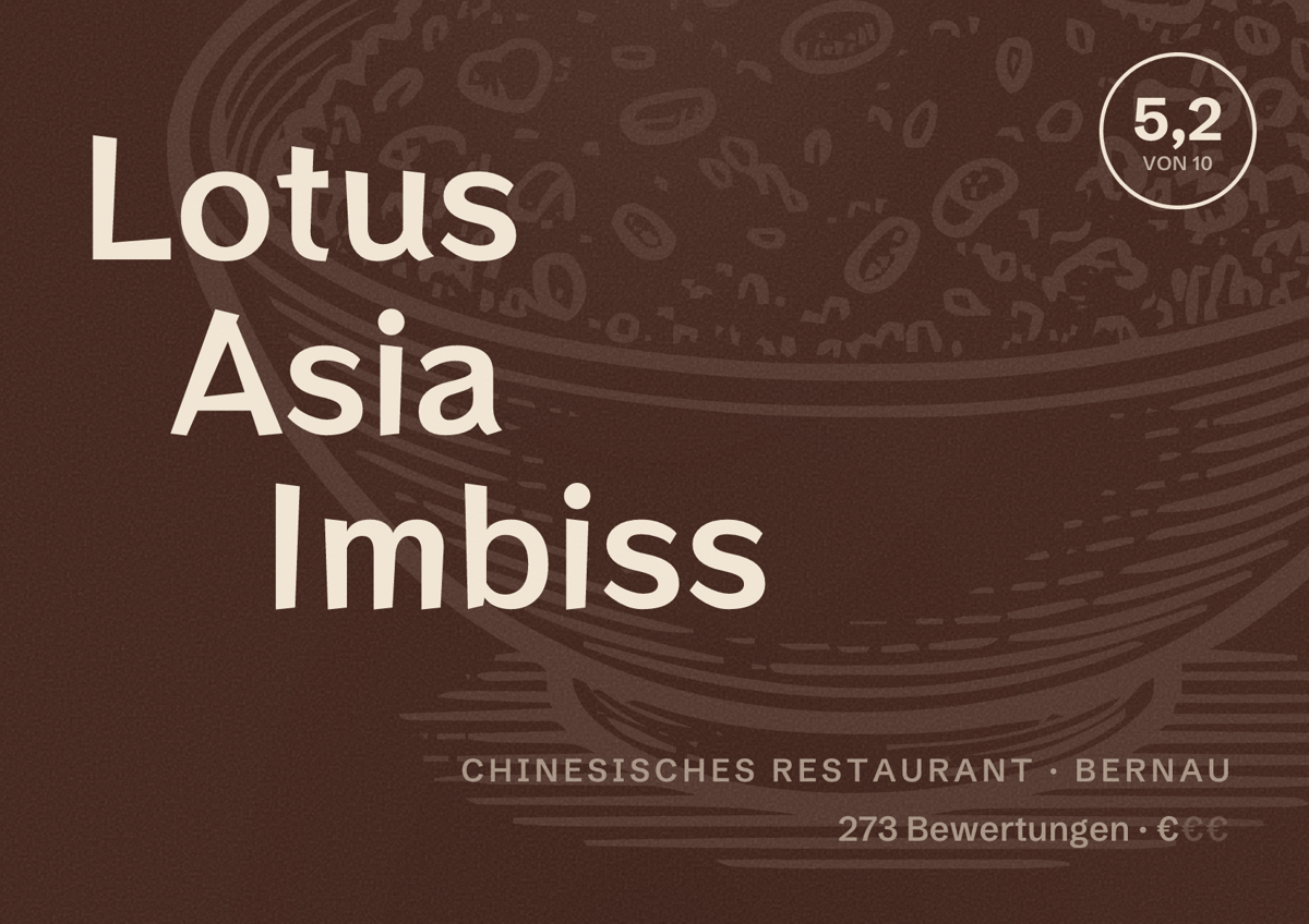 Illustriertes Poster von Lotus Asia Imbiss, Chinesisches Restaurant in Bernau: Bewertung 5,2 von 10 aus 273 Bewertungen, Preisniveau €