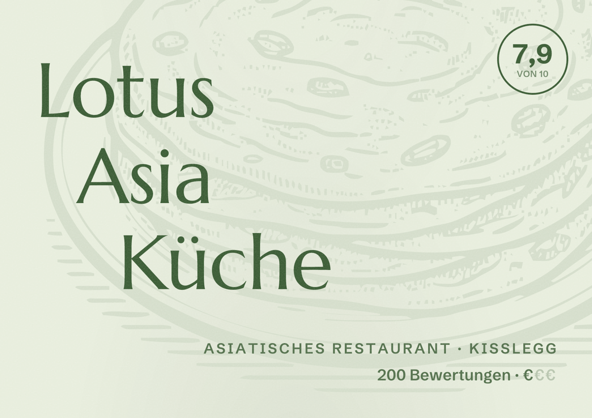 Illustriertes Poster von Lotus Asia Küche, Asiatisches Restaurant in Kißlegg: Bewertung 7,9 von 10 aus 200 Bewertungen, Preisniveau €
