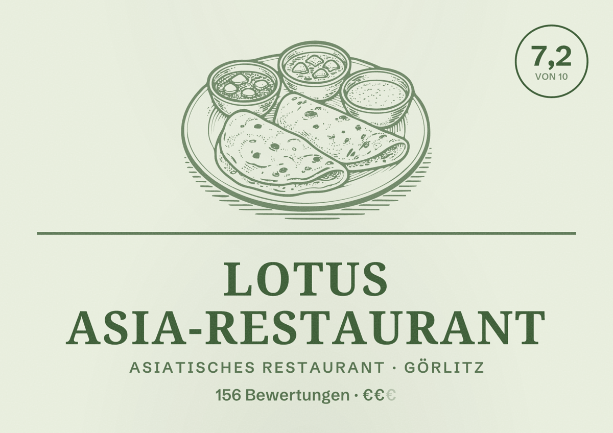 Illustriertes Poster von Lotus Asia-Restaurant, Asiatisches Restaurant in Görlitz: Bewertung 7,2 von 10 aus 156 Bewertungen, Preisniveau €€