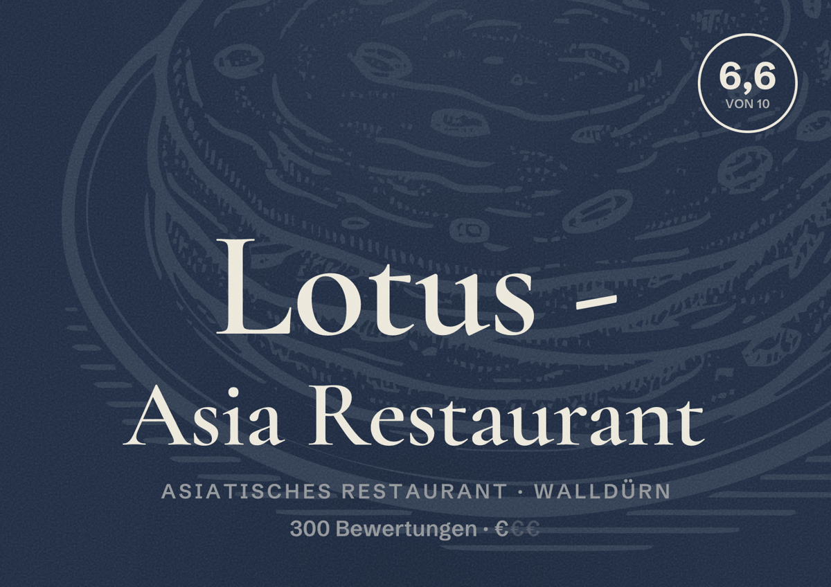 Illustriertes Poster von Lotus - Asia Restaurant, Asiatisches Restaurant in Walldürn: Bewertung 6,6 von 10 aus 300 Bewertungen, Preisniveau €