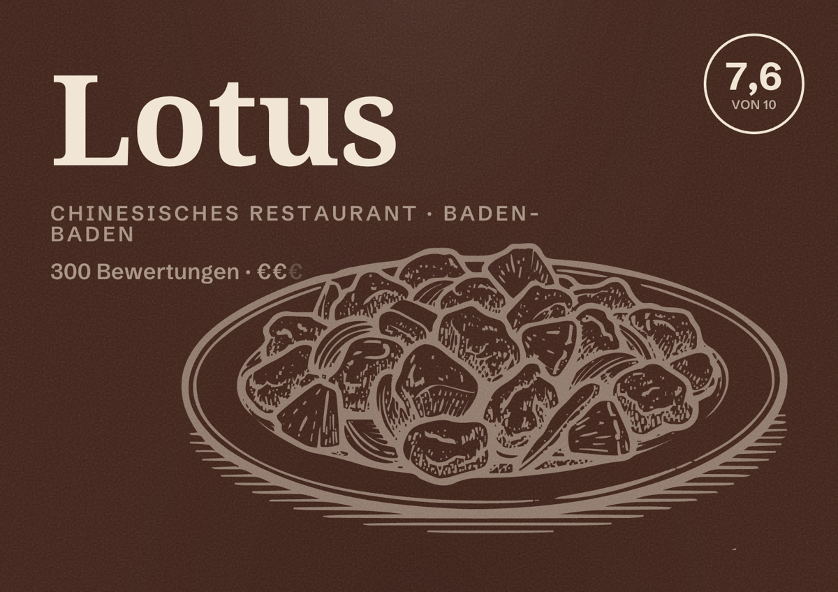 Illustriertes Poster von Lotus, Chinesisches Restaurant in Baden-Baden: Bewertung 7,6 von 10 aus 300 Bewertungen, Preisniveau €€
