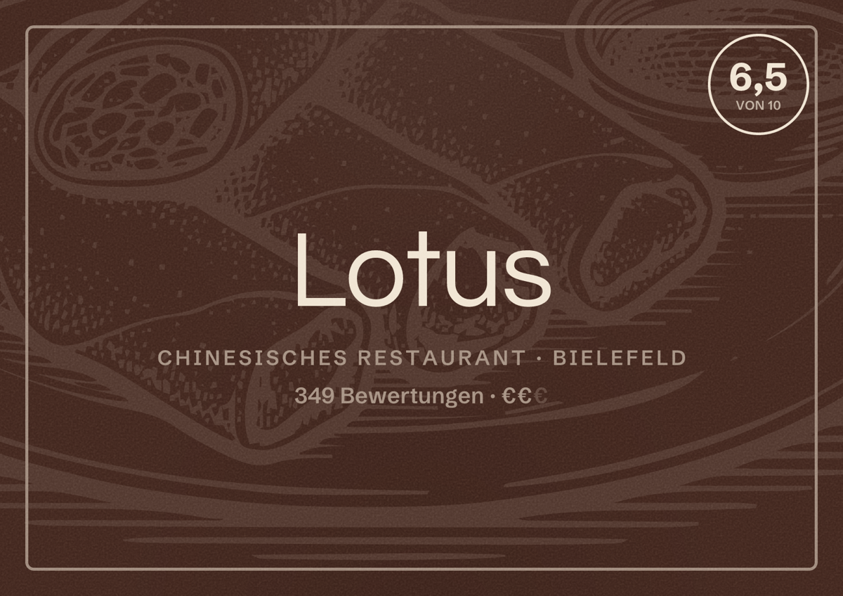 Illustriertes Poster von Lotus, Chinesisches Restaurant in Bielefeld: Bewertung 6,5 von 10 aus 349 Bewertungen, Preisniveau €€