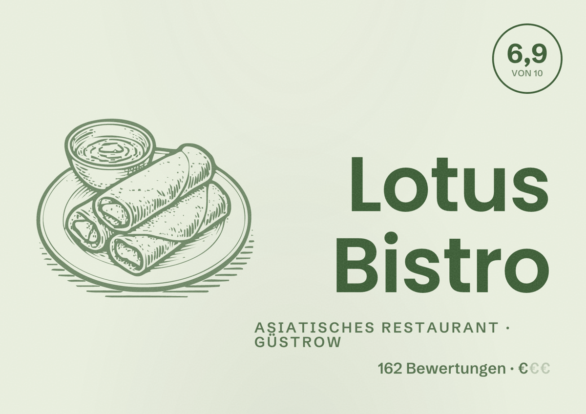 Illustriertes Poster von Lotus Bistro, Asiatisches Restaurant in Güstrow: Bewertung 6,9 von 10 aus 162 Bewertungen, Preisniveau €