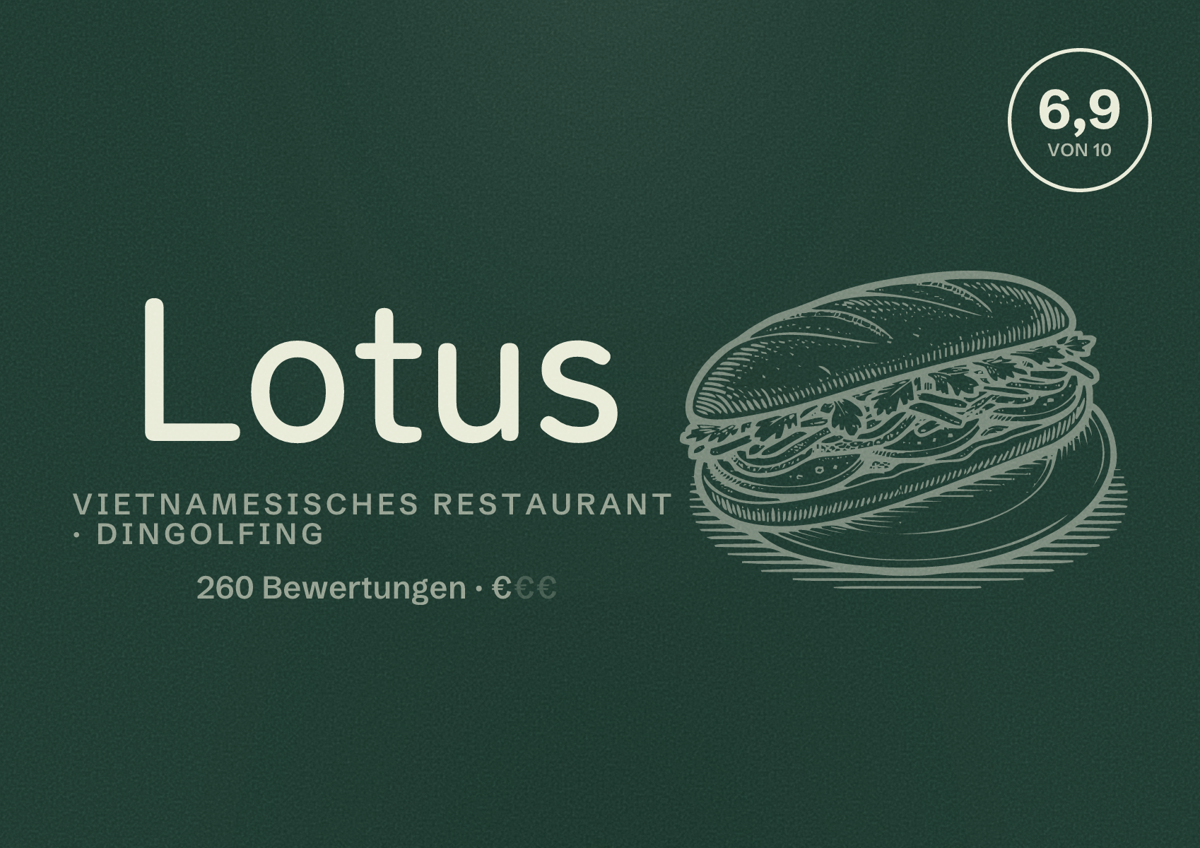 Illustriertes Poster von Lotus, Vietnamesisches Restaurant in Dingolfing: Bewertung 6,9 von 10 aus 260 Bewertungen, Preisniveau €