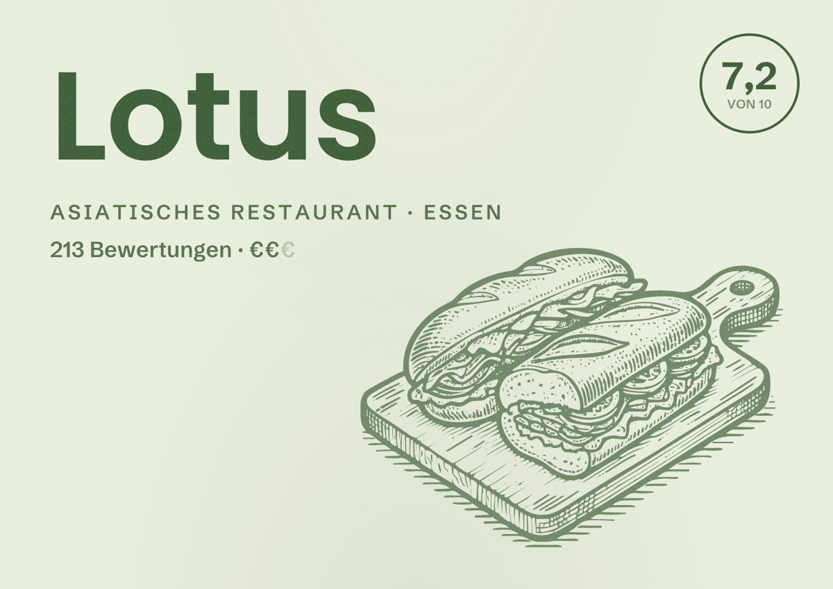 Illustriertes Poster von Lotus, Asiatisches Restaurant in Essen: Bewertung 7,2 von 10 aus 213 Bewertungen, Preisniveau €€
