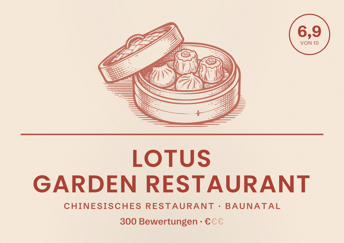 Illustriertes Poster von Lotus Garden Restaurant, Chinesisches Restaurant in Baunatal: Bewertung 6,9 von 10 aus 300 Bewertungen, Preisniveau €