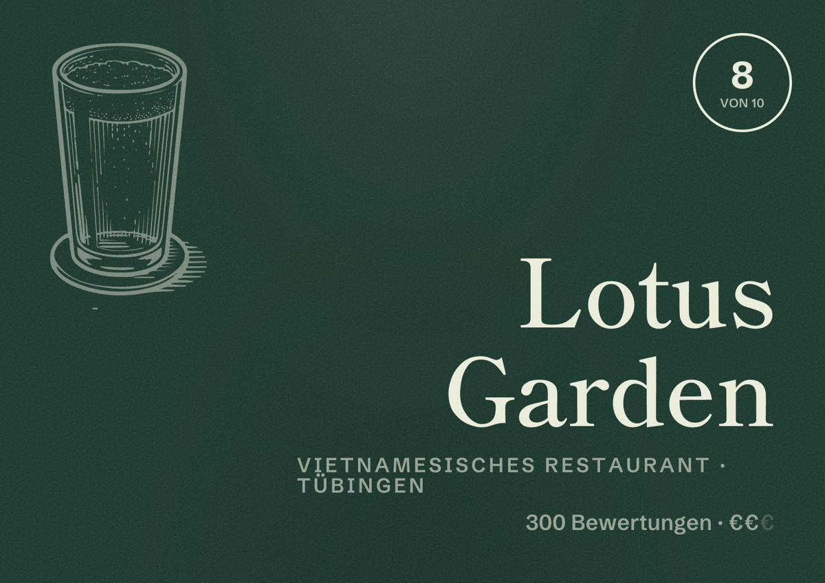 Illustriertes Poster von Lotus Garden, Vietnamesisches Restaurant in Tübingen: Bewertung 8 von 10 aus 300 Bewertungen, Preisniveau €€