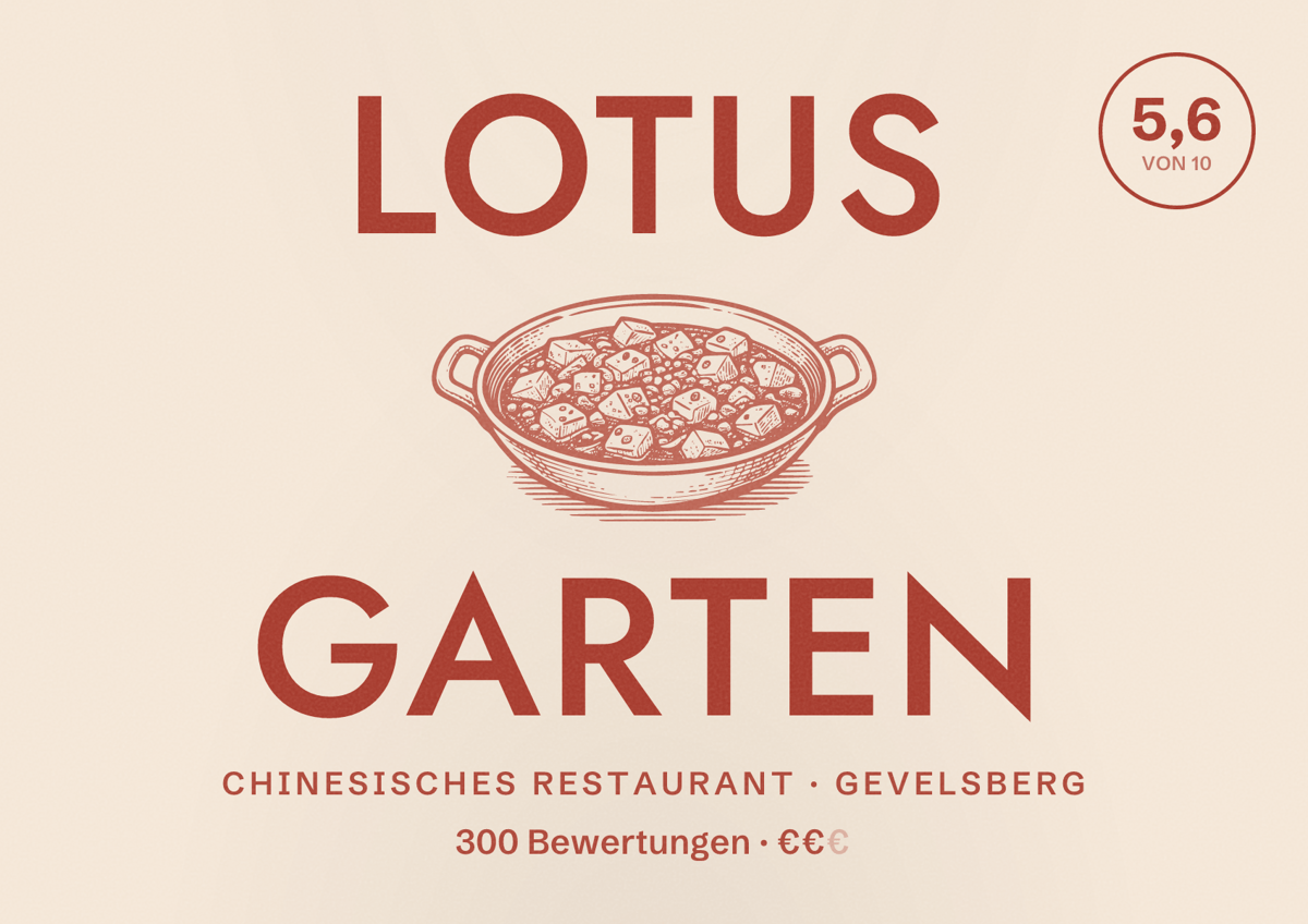 Illustriertes Poster von Lotus Garten, Chinesisches Restaurant in Gevelsberg: Bewertung 5,6 von 10 aus 300 Bewertungen, Preisniveau €€