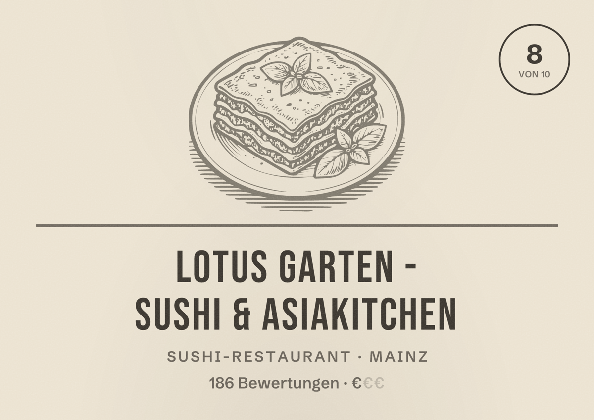 Illustriertes Poster von Lotus Garten - Sushi & Asiakitchen, Sushi-Restaurant in Mainz: Bewertung 8 von 10 aus 186 Bewertungen, Preisniveau €