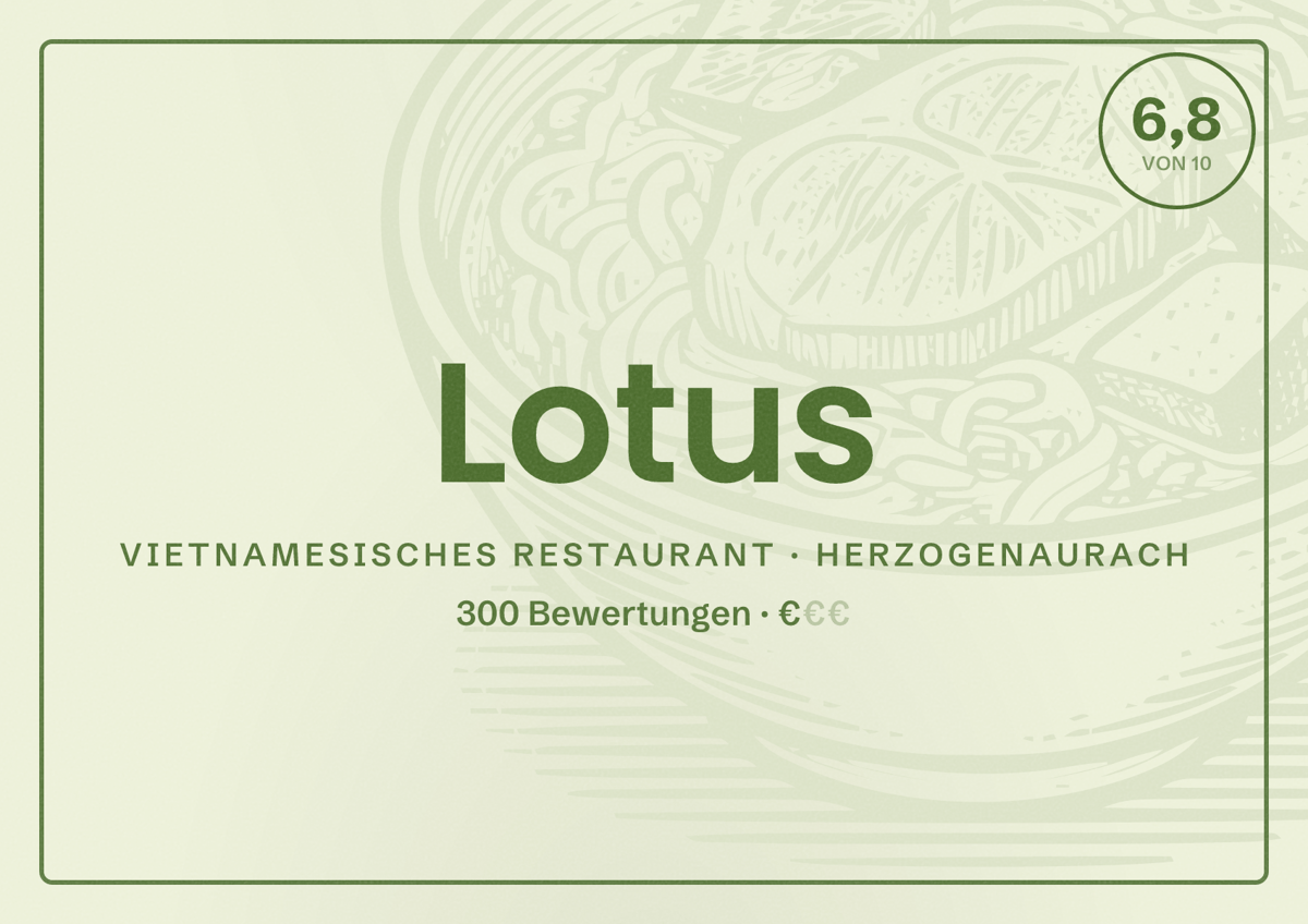 Illustriertes Poster von Lotus, Vietnamesisches Restaurant in Herzogenaurach: Bewertung 6,8 von 10 aus 300 Bewertungen, Preisniveau €