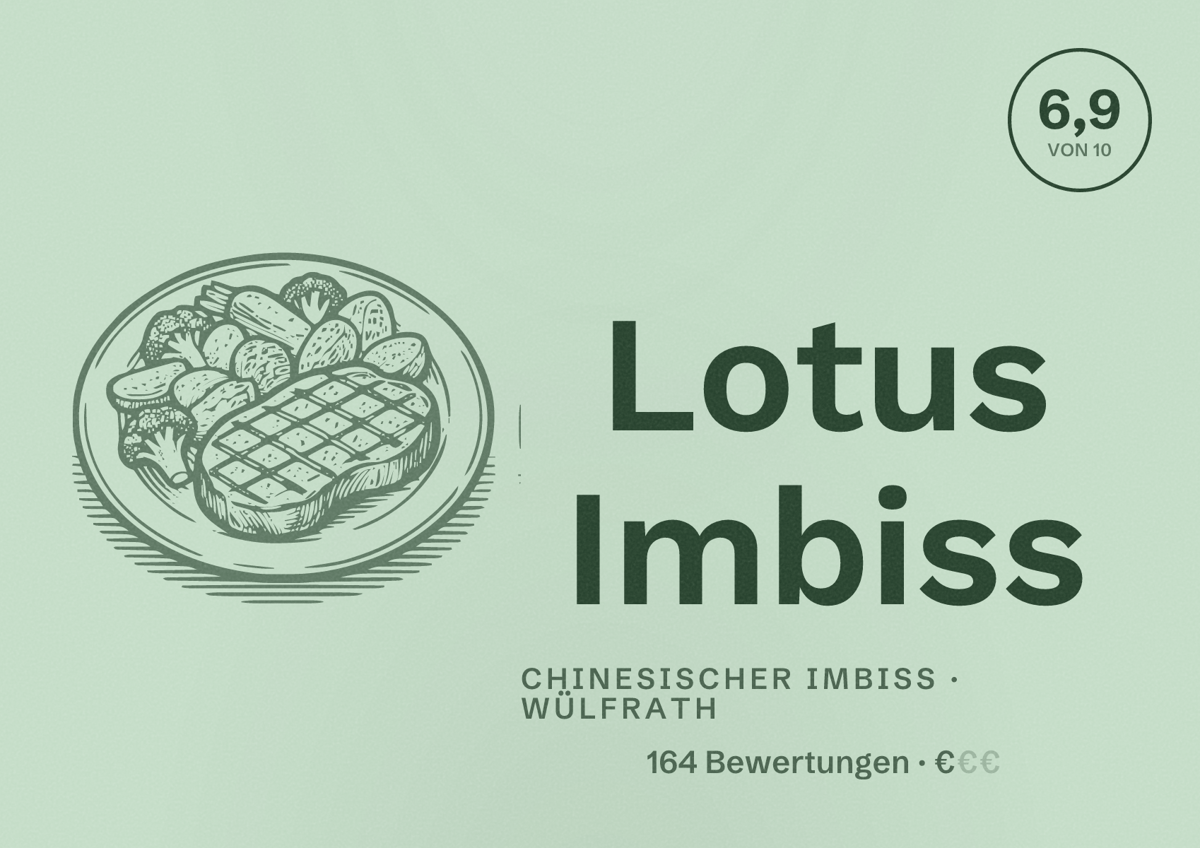 Illustriertes Poster von Lotus Imbiss, Chinesischer Imbiss in Wülfrath: Bewertung 6,9 von 10 aus 164 Bewertungen, Preisniveau €