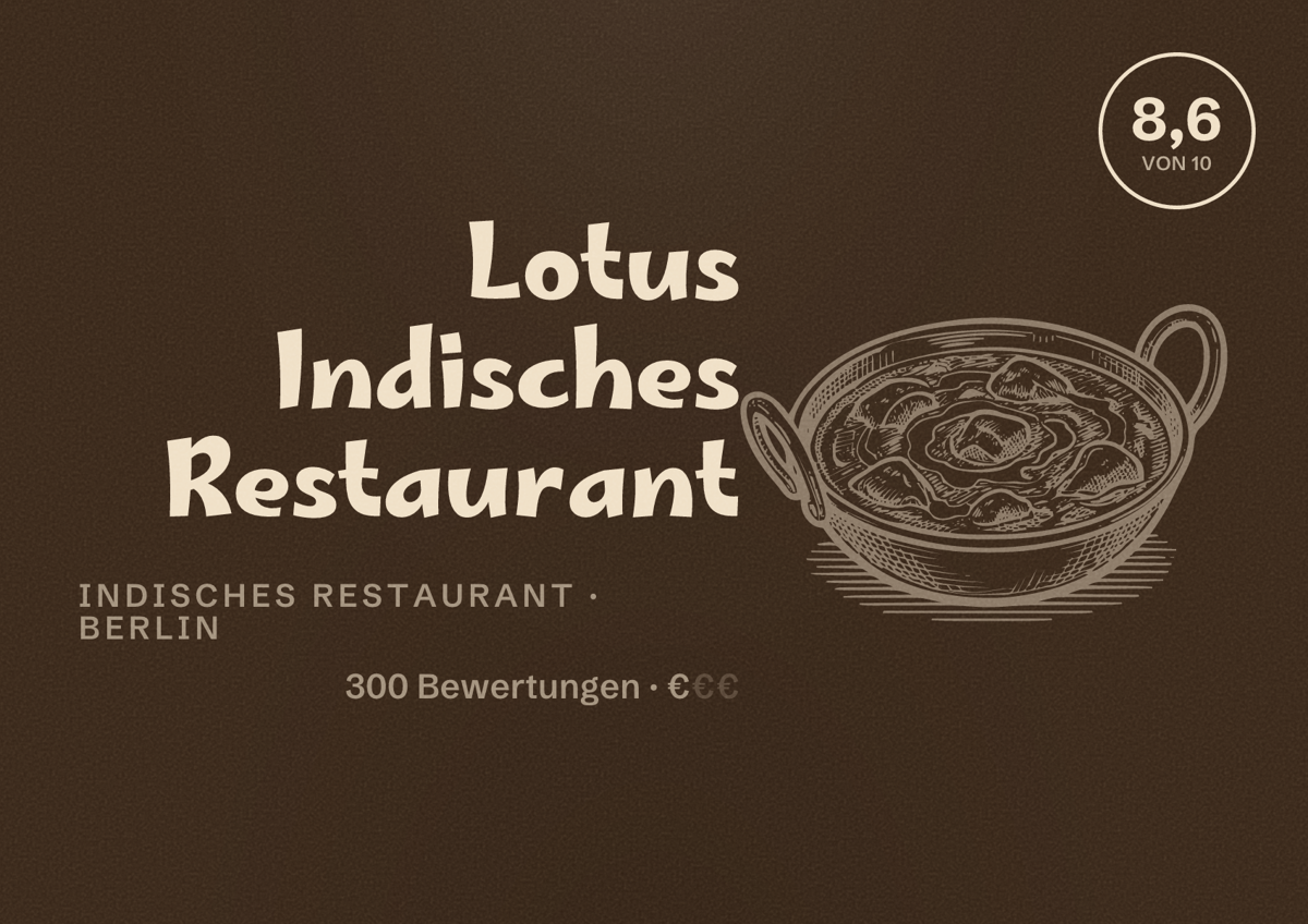 Illustriertes Poster von Lotus Indisches Restaurant, Indisches Restaurant in Berlin: Bewertung 8,6 von 10 aus 300 Bewertungen, Preisniveau €