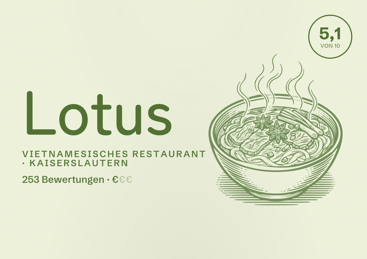 Illustriertes Poster von Lotus, Vietnamesisches Restaurant in Kaiserslautern: Bewertung 5,1 von 10 aus 253 Bewertungen, Preisniveau €