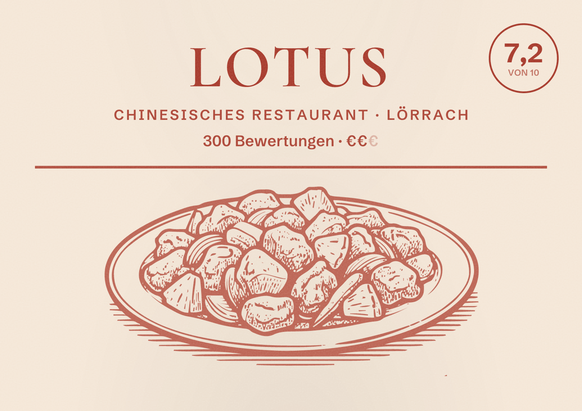 Illustriertes Poster von Lotus, Chinesisches Restaurant in Lörrach: Bewertung 7,2 von 10 aus 300 Bewertungen, Preisniveau €€
