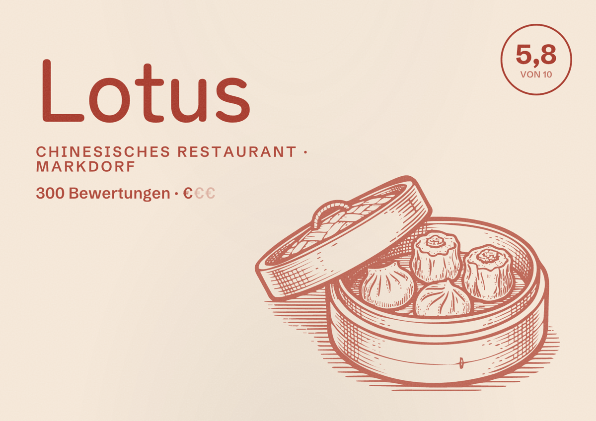 Illustriertes Poster von Lotus, Chinesisches Restaurant in Markdorf: Bewertung 5,8 von 10 aus 300 Bewertungen, Preisniveau €