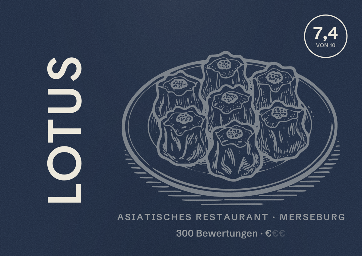 Illustriertes Poster von Lotus, Asiatisches Restaurant in Merseburg: Bewertung 7,4 von 10 aus 300 Bewertungen, Preisniveau €