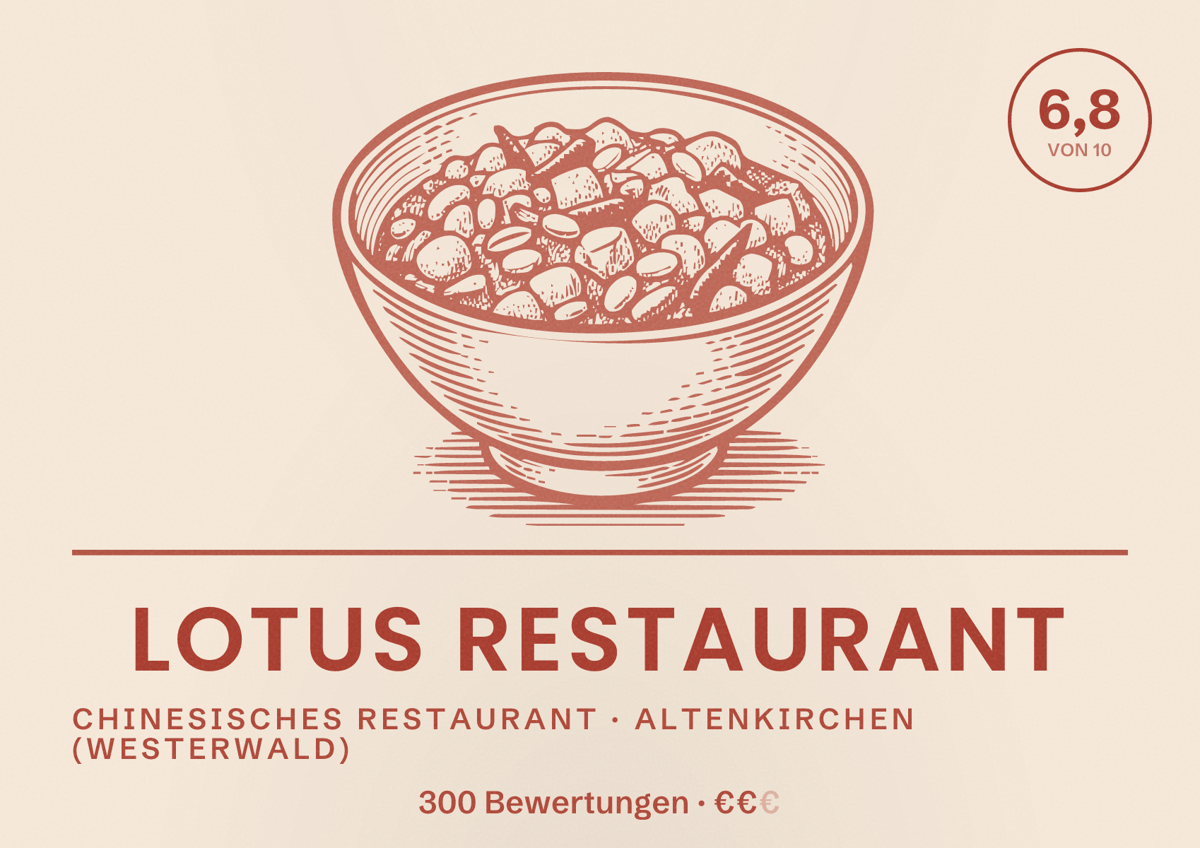 Illustriertes Poster von Lotus Restaurant, Chinesisches Restaurant in Altenkirchen (Westerwald): Bewertung 6,8 von 10 aus 300 Bewertungen, Preisniveau €€