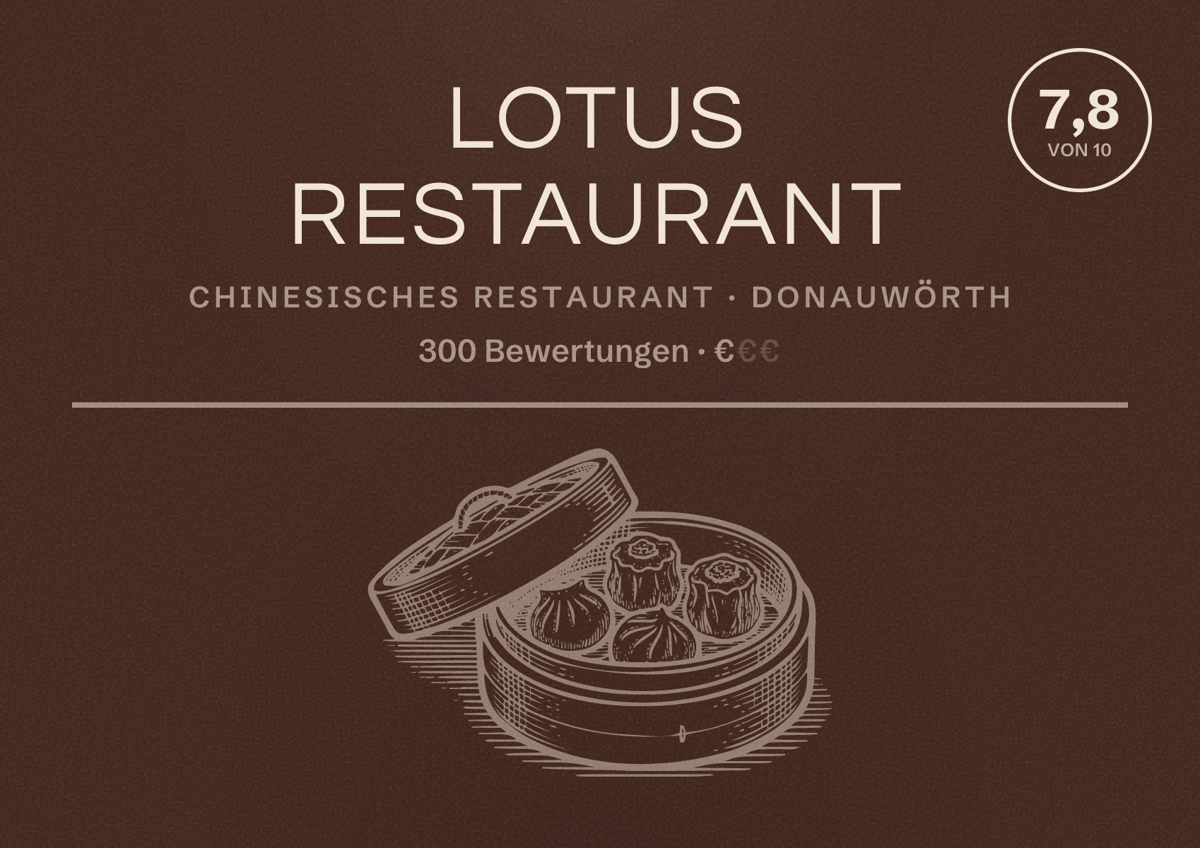 Illustriertes Poster von Lotus Restaurant, Chinesisches Restaurant in Donauwörth: Bewertung 7,8 von 10 aus 300 Bewertungen, Preisniveau €