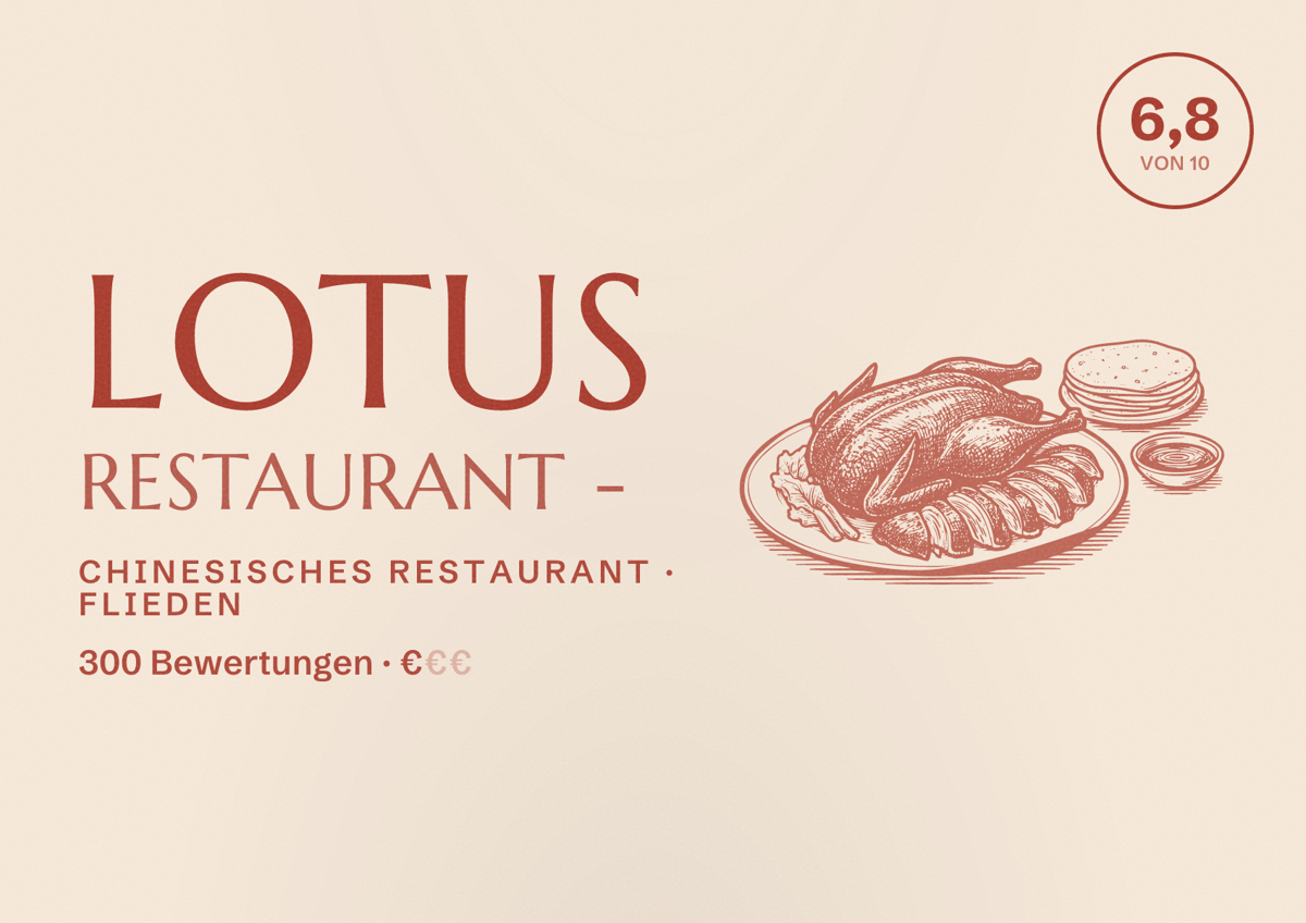 Illustriertes Poster von Lotus Restaurant -, Chinesisches Restaurant in Flieden: Bewertung 6,8 von 10 aus 300 Bewertungen, Preisniveau €