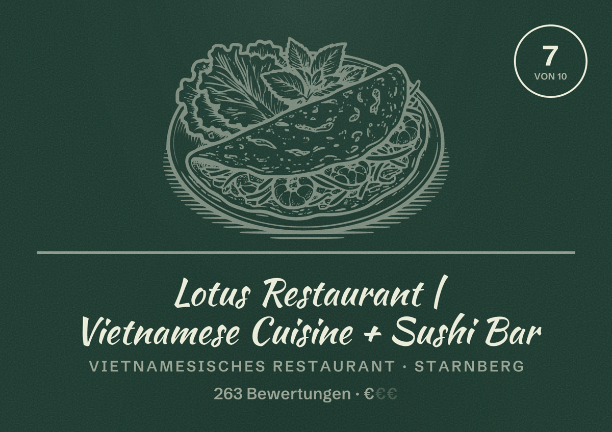 Illustriertes Poster von Lotus Restaurant | Vietnamese Cuisine + Sushi Bar, Vietnamesisches Restaurant in Starnberg: Bewertung 7 von 10 aus 263 Bewertungen, Preisniveau €