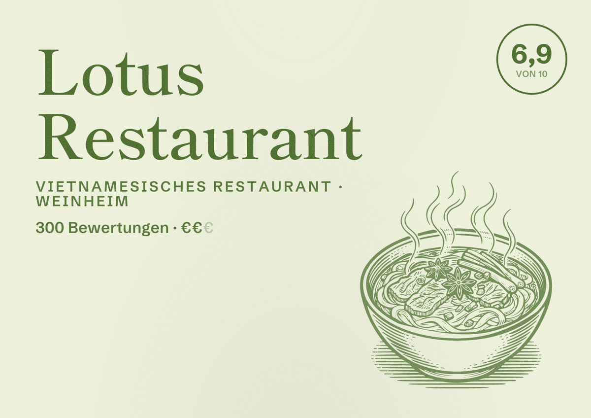 Illustriertes Poster von Lotus Restaurant, Vietnamesisches Restaurant in Weinheim: Bewertung 6,9 von 10 aus 300 Bewertungen, Preisniveau €€