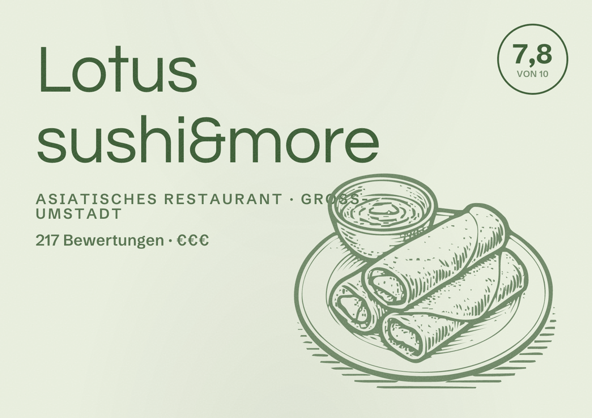 Illustriertes Poster von Lotus sushi&more, Asiatisches Restaurant in Groß-Umstadt: Bewertung 7,8 von 10 aus 217 Bewertungen, Preisniveau €€€