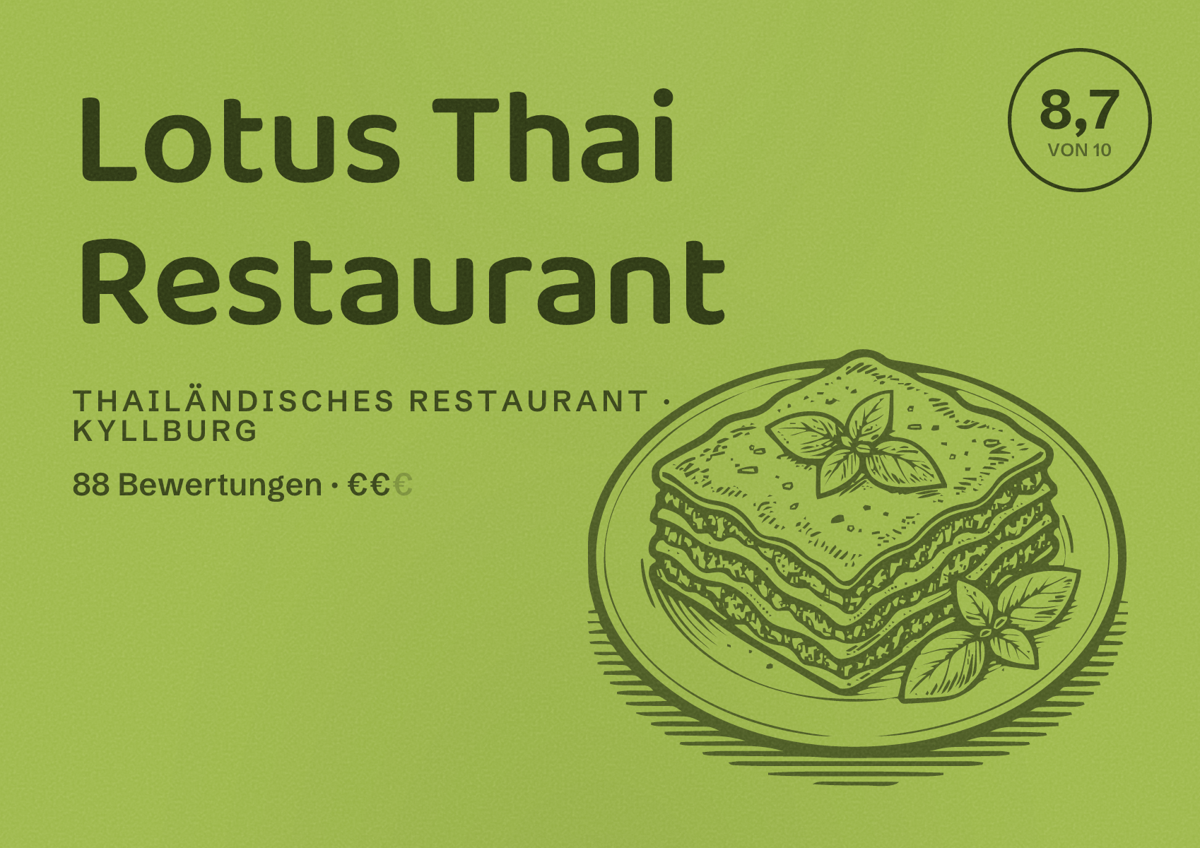 Illustriertes Poster von Lotus Thai Restaurant, Thailändisches Restaurant in Kyllburg: Bewertung 8,7 von 10 aus 88 Bewertungen, Preisniveau €€