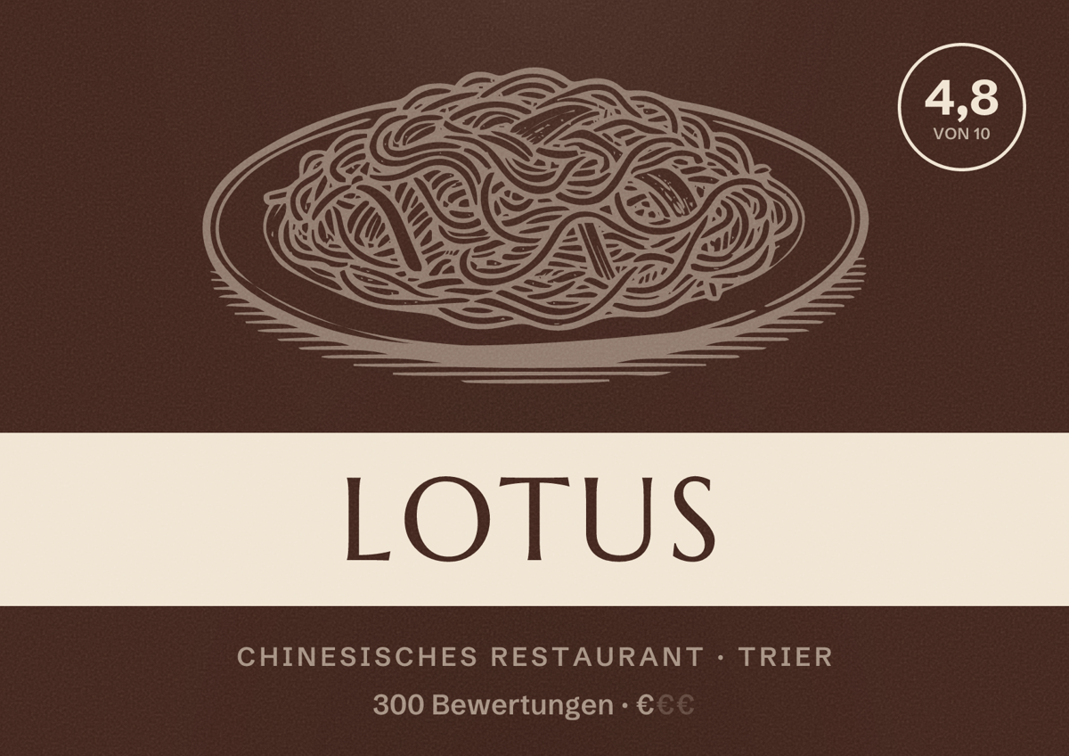 Illustriertes Poster von Lotus, Chinesisches Restaurant in Trier: Bewertung 4,8 von 10 aus 300 Bewertungen, Preisniveau €