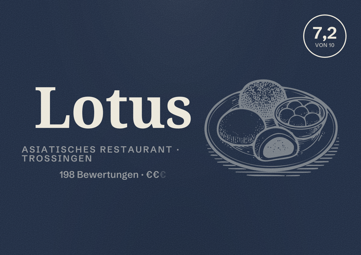 Illustriertes Poster von Lotus, Asiatisches Restaurant in Trossingen: Bewertung 7,2 von 10 aus 198 Bewertungen, Preisniveau €€