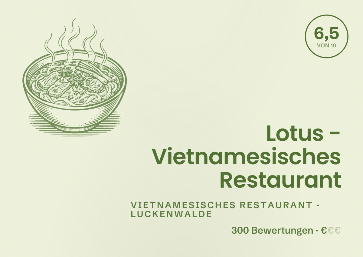 Illustriertes Poster von Lotus - Vietnamesisches Restaurant, Vietnamesisches Restaurant in Luckenwalde: Bewertung 6,5 von 10 aus 300 Bewertungen, Preisniveau €