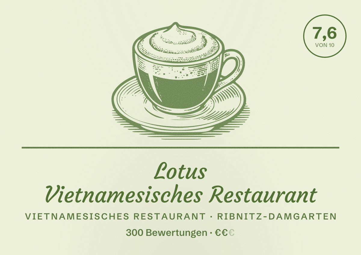 Illustriertes Poster von Lotus Vietnamesisches Restaurant, Vietnamesisches Restaurant in Ribnitz-Damgarten: Bewertung 7,6 von 10 aus 300 Bewertungen, Preisniveau €€