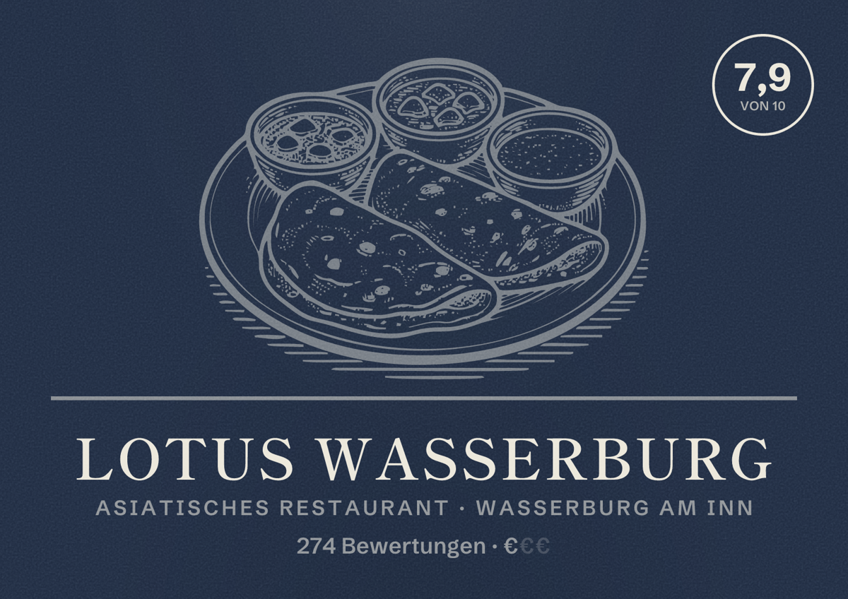 Illustriertes Poster von Lotus Wasserburg, Asiatisches Restaurant in Wasserburg am Inn: Bewertung 7,9 von 10 aus 274 Bewertungen, Preisniveau €