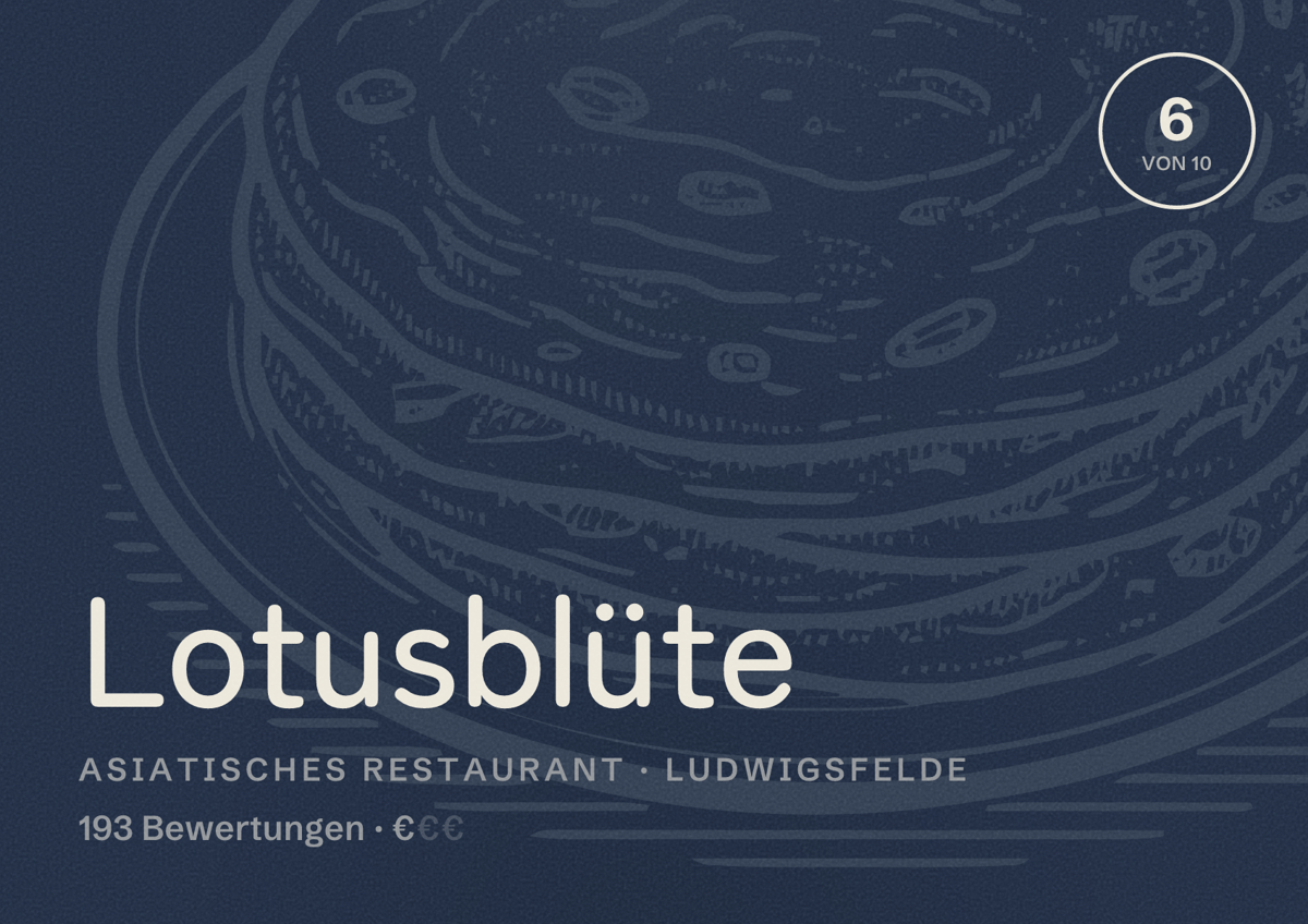 Illustriertes Poster von Lotusblüte, Asiatisches Restaurant in Ludwigsfelde: Bewertung 6 von 10 aus 193 Bewertungen, Preisniveau €