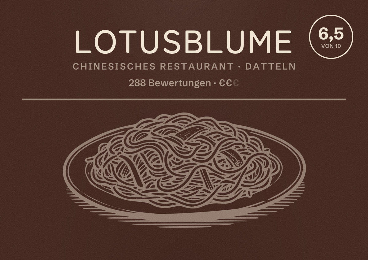 Illustriertes Poster von Lotusblume, Chinesisches Restaurant in Datteln: Bewertung 6,5 von 10 aus 288 Bewertungen, Preisniveau €€