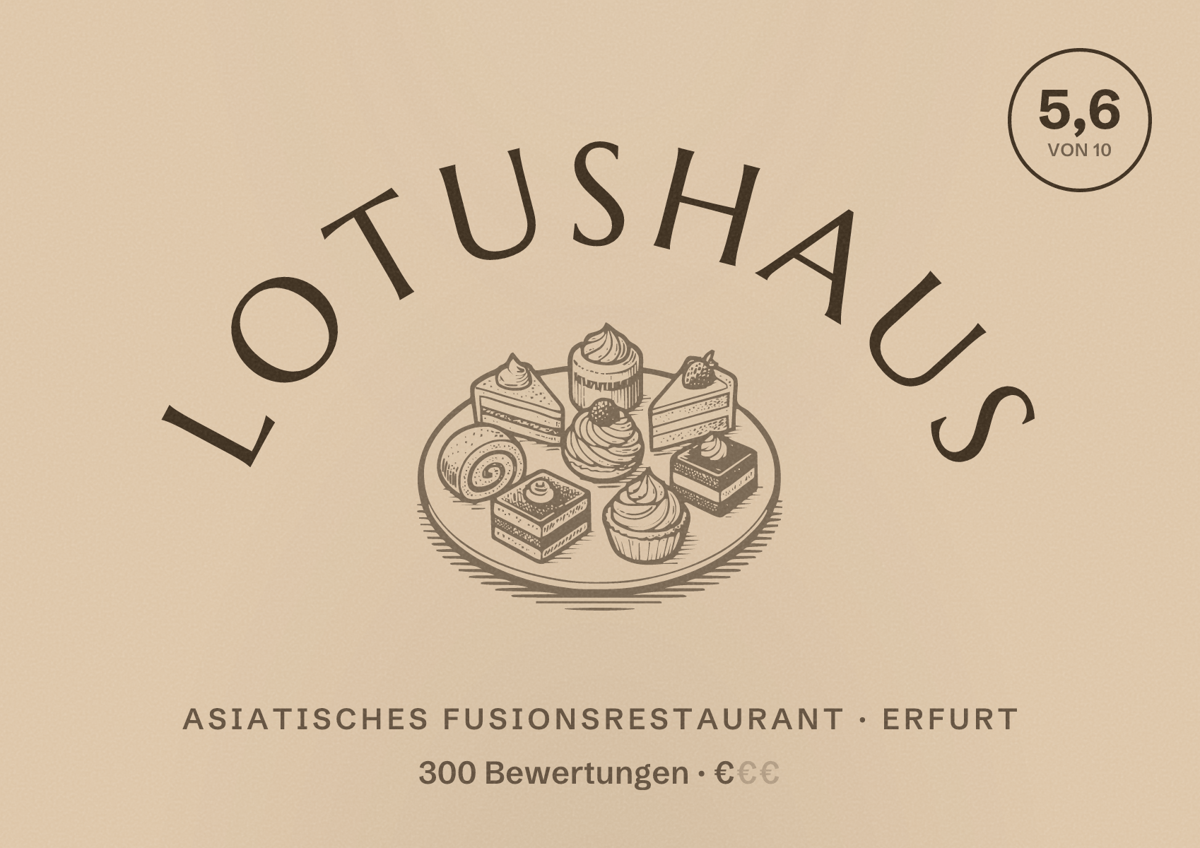Illustriertes Poster von Lotushaus, Asiatisches Fusionsrestaurant in Erfurt: Bewertung 5,6 von 10 aus 300 Bewertungen, Preisniveau €