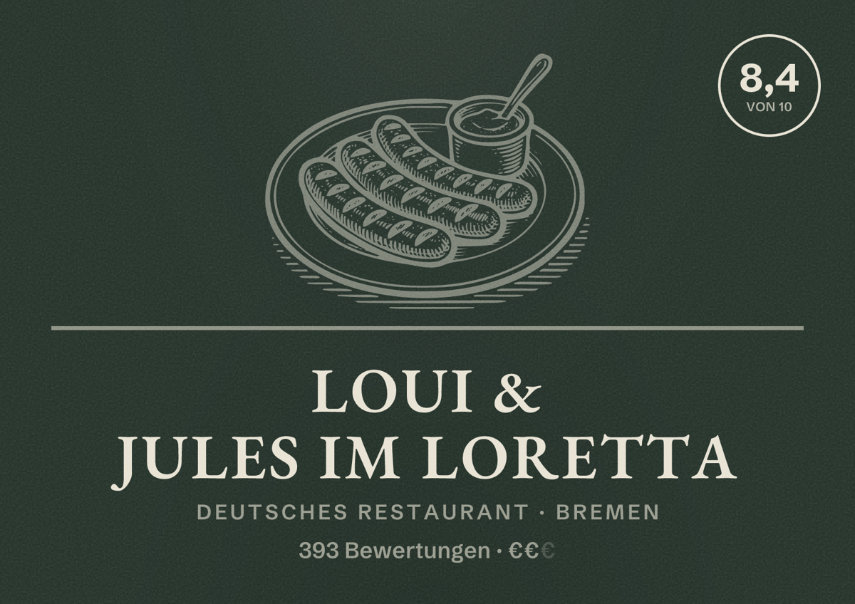 Illustriertes Poster von Loui & Jules im Loretta, Deutsches Restaurant in Bremen: Bewertung 8,4 von 10 aus 393 Bewertungen, Preisniveau €€