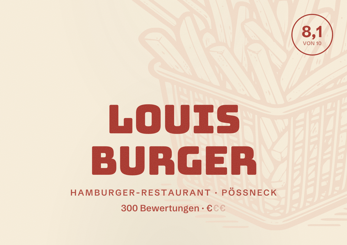 Illustriertes Poster von Louis Burger, Hamburger-Restaurant in Pößneck: Bewertung 8,1 von 10 aus 300 Bewertungen, Preisniveau €