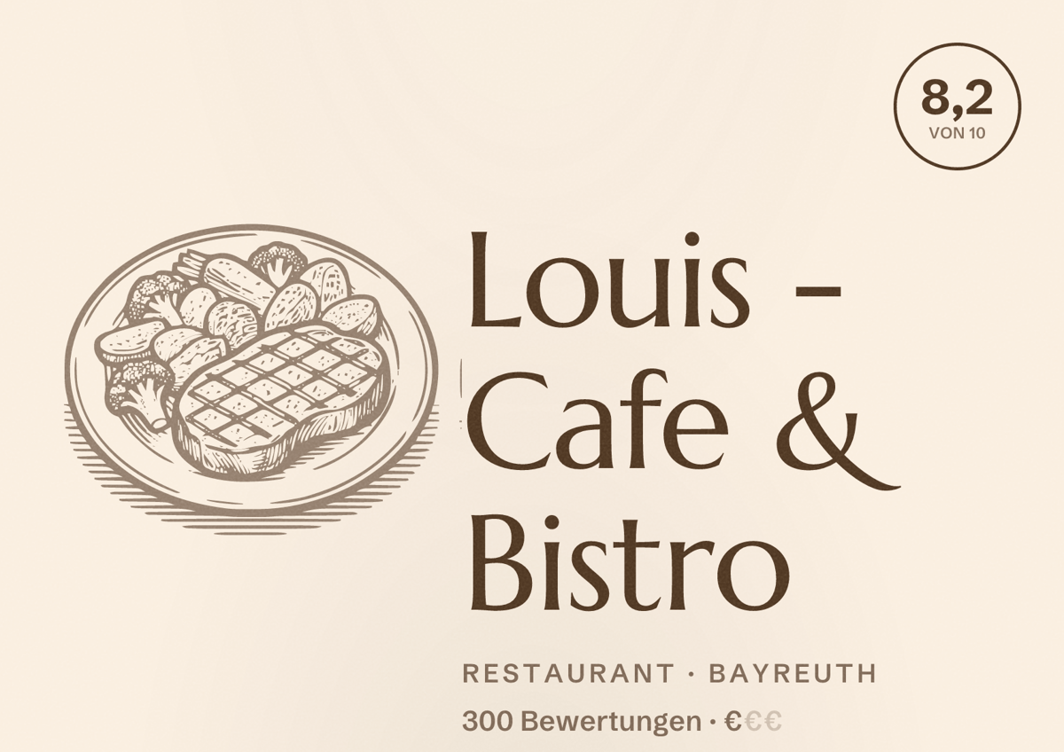 Illustriertes Poster von Louis - Cafe & Bistro, Restaurant in Bayreuth: Bewertung 8,2 von 10 aus 300 Bewertungen, Preisniveau €