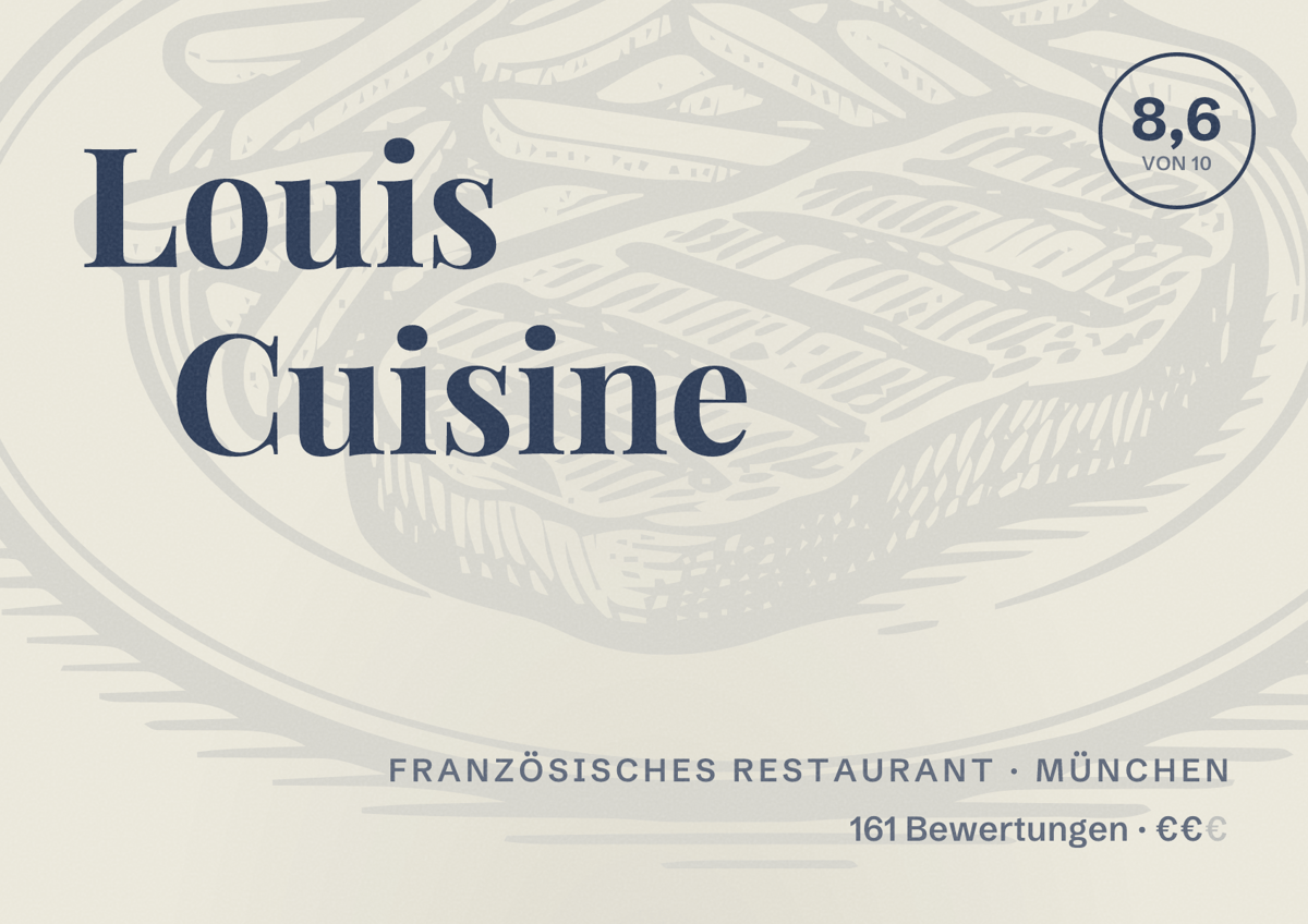 Illustriertes Poster von Louis Cuisine, Französisches Restaurant in München: Bewertung 8,6 von 10 aus 161 Bewertungen, Preisniveau €€